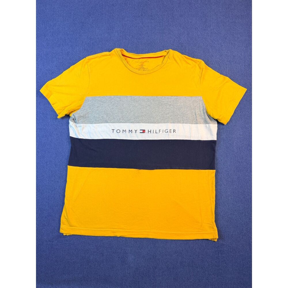 Tommy Hilfiger Men’s L Yellow Colorblock Logo T Shirt Flag Spellout